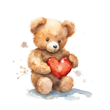  cute teddy bear cuddling a big red heart in watercolor design isolated on transparent background