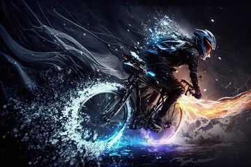 Cyclist riding on the road on a dark background with smoke