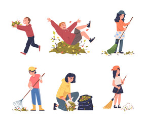 People Volunteers Cleaning Picking up Garbage and Foliage in Bag Vector Set