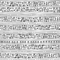 Egyptian lettering hand drawn mystery hieroglyphs childish seamless pattern vector illustration on white background - obrazy, fototapety, plakaty