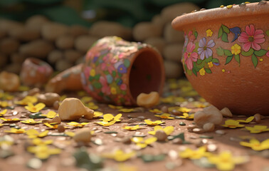 Ceramic pots with flowers in the garden created with Generative AI technology