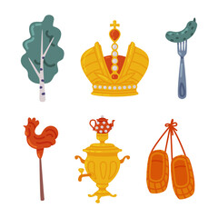 Russian Symbol with Birch, Mitre, Straw Shoes, Samovar and Sugar Candy Cock Vector Illustration Set