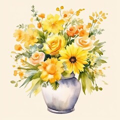 Yellow watercolor flowers in the vase clip art illustration on a white background. Generative AI.