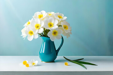 Primrose arrangement in a vase on a light blue background