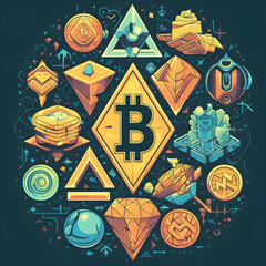 Incorporate well-known cryptocurrency symbols like Bitcoin's "B," Ethereum's diamond, or cryptographic key elements into the artwork