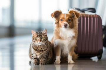 Cat and dog with a suitcase at the airport