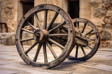 Fototapeta na wymiar Old wooden wheel in front of a building