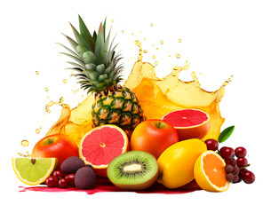 Tropical Fruits with juice splash on white background, fruits explosion concept, generative ai