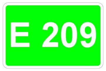 Illustration eines Europastraßenschildes der E 209 in Europa	