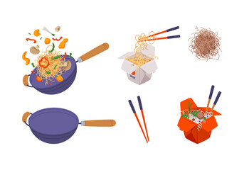 Different Wok Asian Food Ingredient Vector Illustration Set