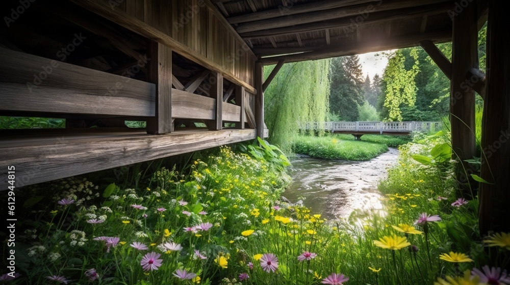 Poster a covered bridge over a stream with a bridge in the background. generative ai
