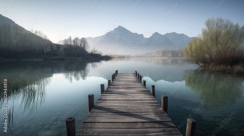 Poster a dock on a lake with mountains in the background and fog in the air. generative ai