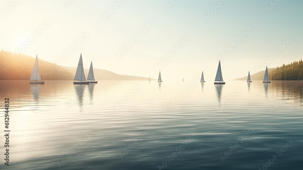 Poster a group of sailboats floating on top of a body of water, with trees on the right side and hills in t