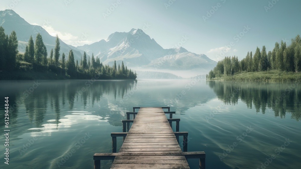Poster a dock on a lake with a mountain in the background. generative ai