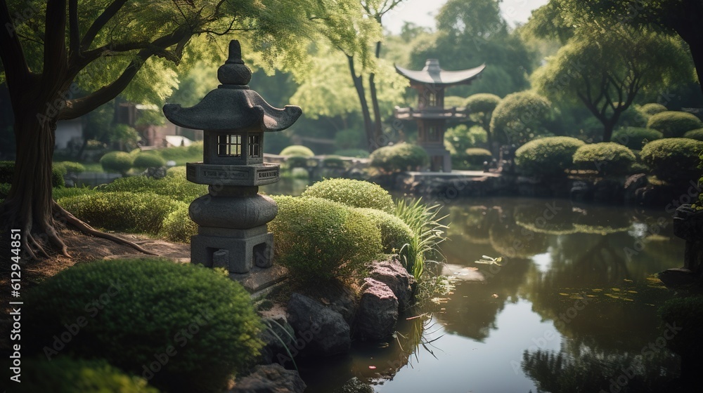 Poster a small pond surrounded by trees and bushes with a pagoda in the background. generative ai