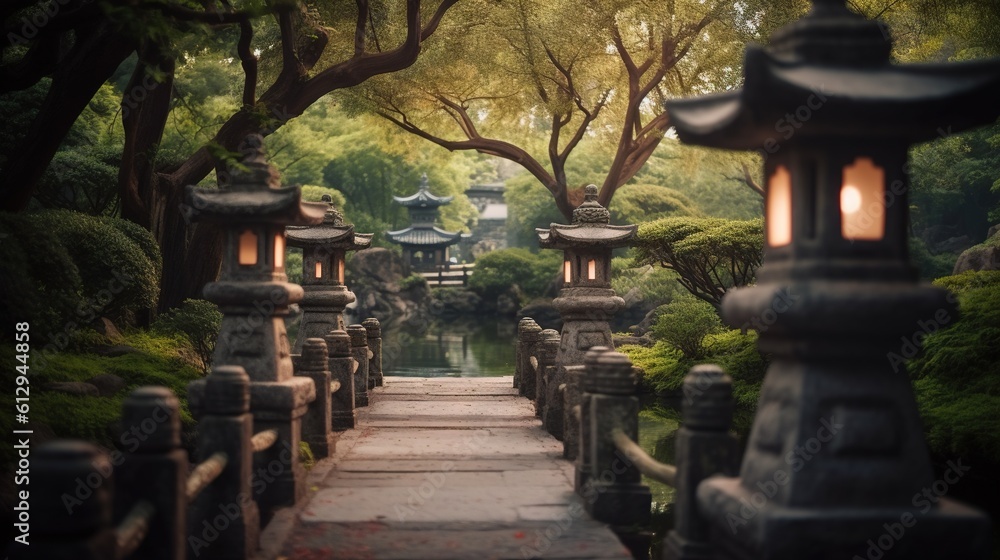 Aufkleber a pathway leading to a small pond with lanterns on it. generative ai