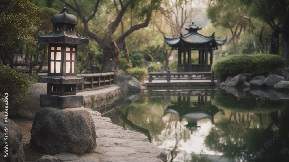 Poster a pond with a lantern in it surrounded by trees and rocks. generative ai
