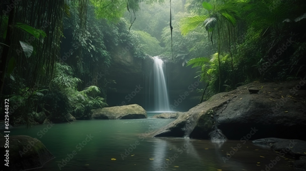 Aufkleber a waterfall in the middle of a jungle with rocks and trees. generative ai