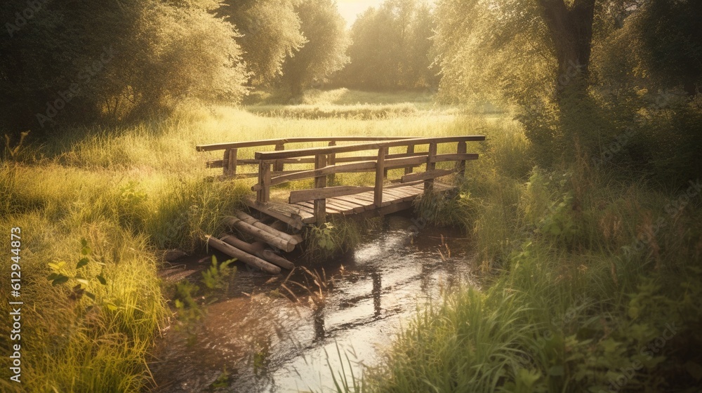 Poster a wooden bridge over a small stream in a field of tall grass. generative ai