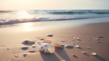  a seashell on a sandy beach with the sun shining in the background.  generative ai - obrazy, fototapety, plakaty