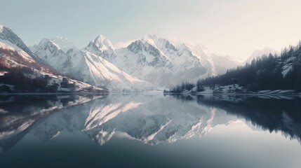 Fototapeta na wymiar a mountain range is reflected in the still water of a lake. generative ai