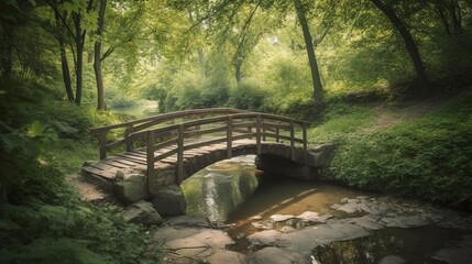 A wooden bridge over a small stream in a forest.