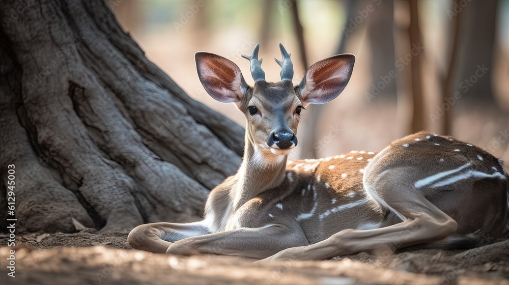 Poster a deer laying down next to a tree in a forest. generative ai