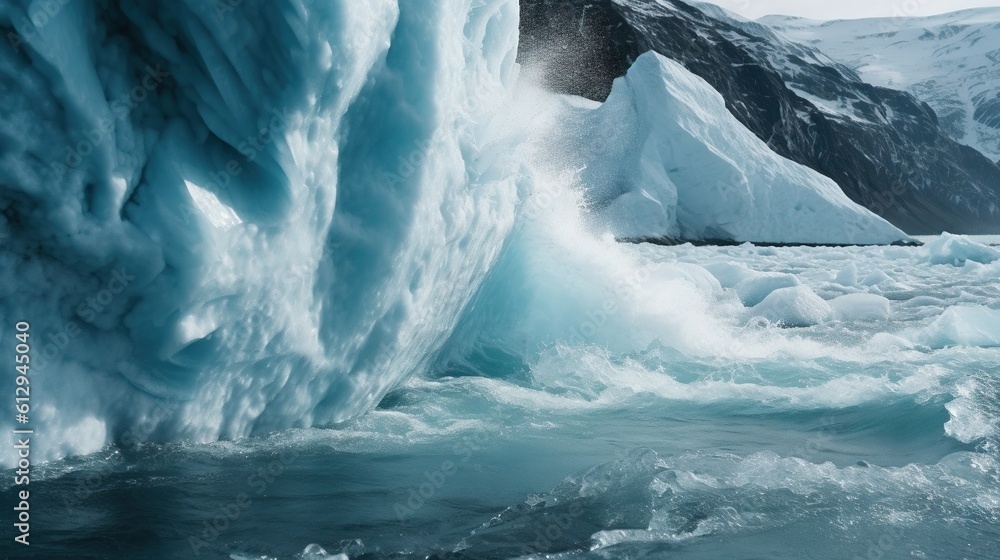 Poster a large iceberg with water splashing out of it. generative ai