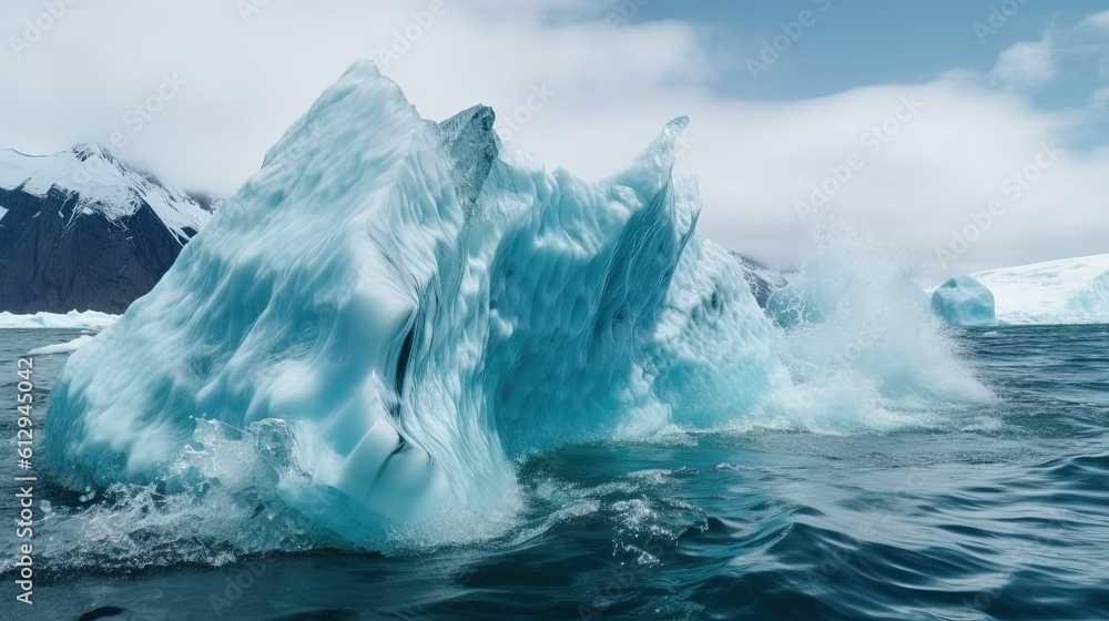Poster a large iceberg floating in the ocean with mountains in the background. generative ai