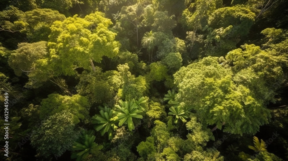 Poster an aerial view of a forest with lots of green trees. generative ai