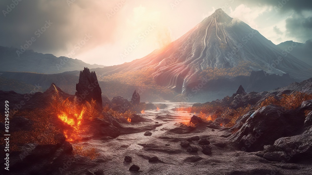 Poster a computer generated image of a mountain with lava and fire. generative ai