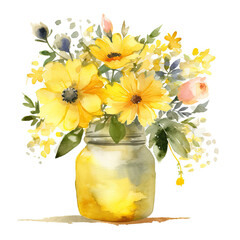 Yellow watercolor flowers in the vase clip art illustration on a white background. Generative AI.