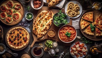 Mesa completa de comidas italianas en platos Pizza, ravioli, carpaccio. ensalada caprese y bruschetta de tomate sobre fondo negro. Vista superior.IA generada. - 612945249