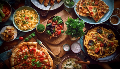 Mesa completa de comidas italianas en platos Pizza, ravioli, carpaccio. ensalada caprese y bruschetta de tomate sobre fondo negro. Vista superior.IA generada. - 612945256