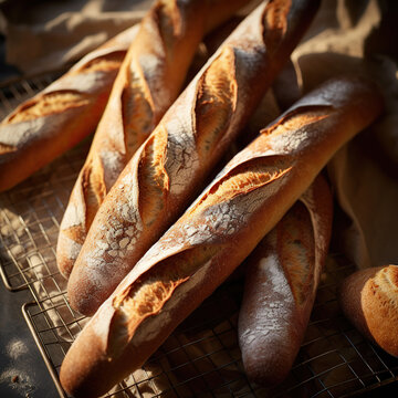 Desde arriba, foto de pan baguette franc&eacute;s o barras de pan r&uacute;stico.IA generada.