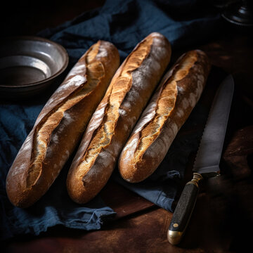 Desde arriba, foto de pan baguette franc&eacute;s o barras de pan r&uacute;stico.IA generada.
