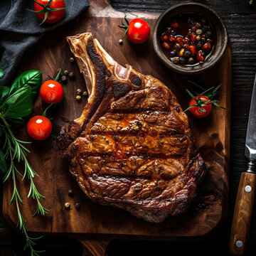 Bodeg&oacute;n de chuleton de buey a la brasa. Carniceria gourmet.Vista desde arriba. IA generada.