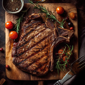 Bodeg&oacute;n de chuleton de buey a la brasa. Carniceria gourmet.Vista desde arriba. IA generada.