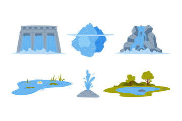Dam, Waterfall, Iceberg, Pond and Spring with Flowing Water Vector Illustration Set