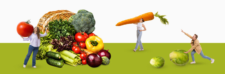 Young people, women and man carrying many vegetables, following healthy nutrition. Vegetarians. Contemporary art collage. Concept of health eating, diet, health care, food. Banner. Ad