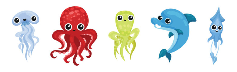 Cute Jellyfish, Octopus, Dolphin and Squid as Sea Animal Floating Underwater Vector Set