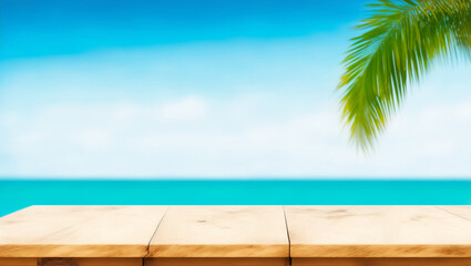 Top of wood table with seascape and palm tree, blur bokeh light of calm sea and sky at tropical beach background. Empty ready for your product display montage. summer vacation, generative ai