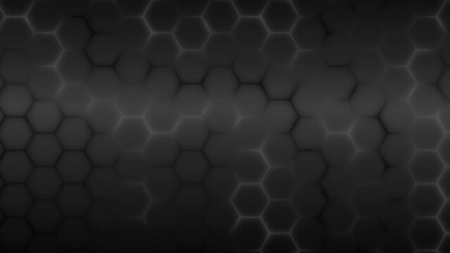 Gray hexagonal background in carbon optic pulsating with dark gradient background as zooming abstract background for high tech with hex pattern animation futuristic mesh honeycomb structure geometric