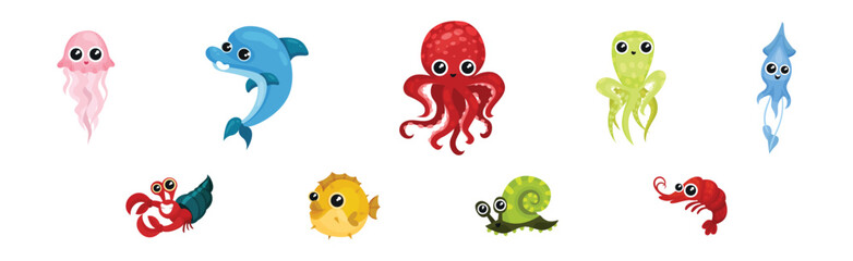 Cute Jellyfish, Octopus, Dolphin and Squid as Sea Animal Floating Underwater Vector Set