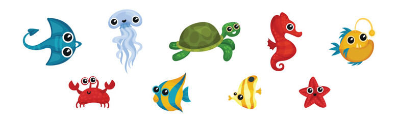 Cute Ray, Jellyfish, Turtle, Seahorse, Crab and Starfish as Sea Animal Floating Underwater Vector Set