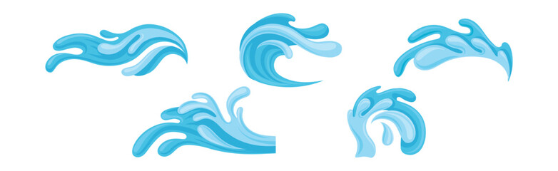 Blue Water Splashes as Aqua Motion with Drops Vector Set