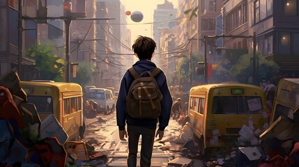 Boy going back to school with backpack