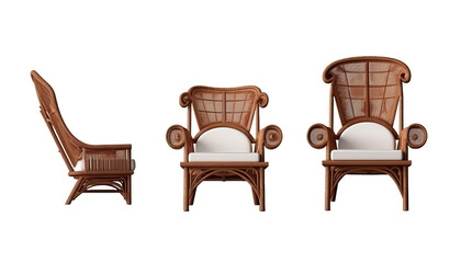 Front and side views of rotan wood chairs. set of decor items furniture isolated on transparent or white background