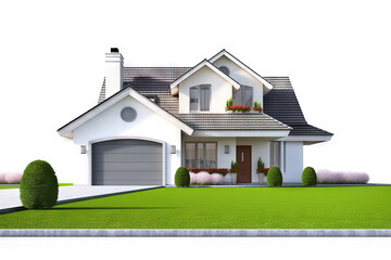 front view of a modern house with a big front lawn and garage