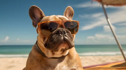 Dog wearing Sunglases at the beach. AI Generated.